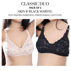 Pack of 2 - Classic Duo Skin & Black Marvel Non-Padded Wirefree Stretchable Bra | Comfortable Daily Wear Lace Bra