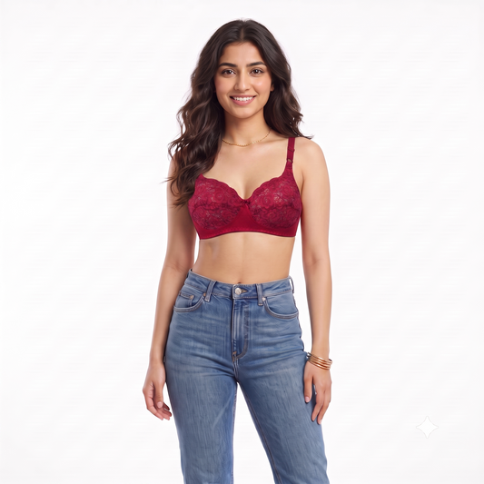 Maroon Marvel - Non Padded Wirefree Stretchable Bra with Lacy Cups