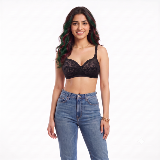 Black Marvel - Non Padded Wirefree Stretchable Bra with Lacy Cups